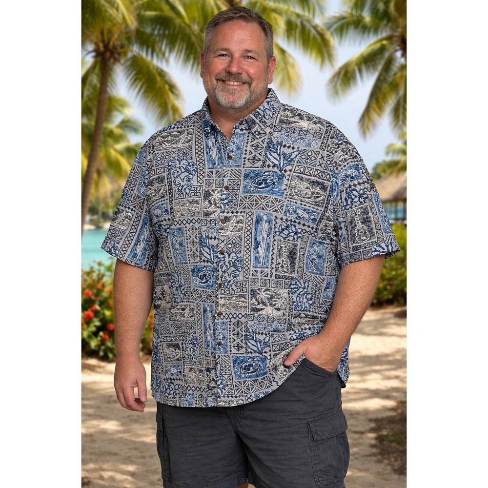 Go Barefoot Mens 3XL Hawaiian Shirt Blue Sea Turtle Palm Tree Cotton Made in USA